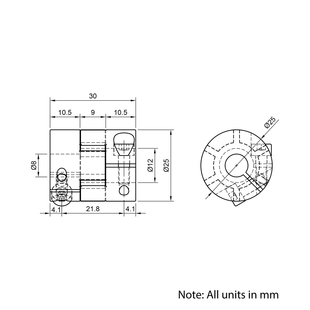 Technical Drawing Of Curved Jaw Flexible Shaft Coupling - 8mm - 12mm