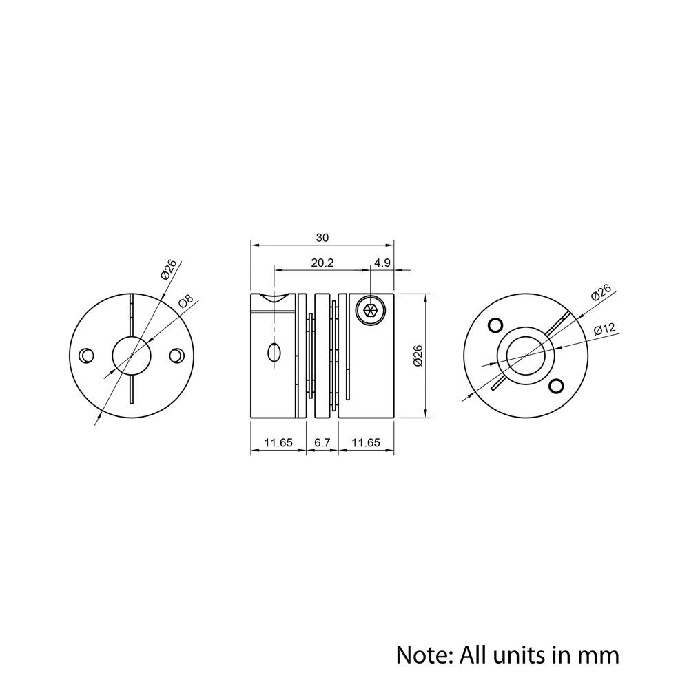 Technical Drawing Of Disc Flexible Shaft Coupling - 8mm - 12mm
