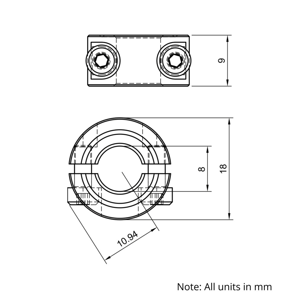 Technical Drawing Of Double Split Shaft Collar - 8mm