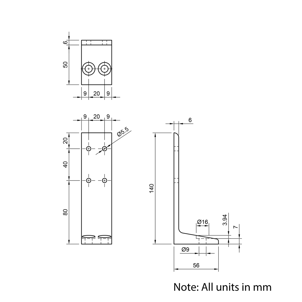Technical Drawing Of Floor Bracket - 20 Series - Double Slot