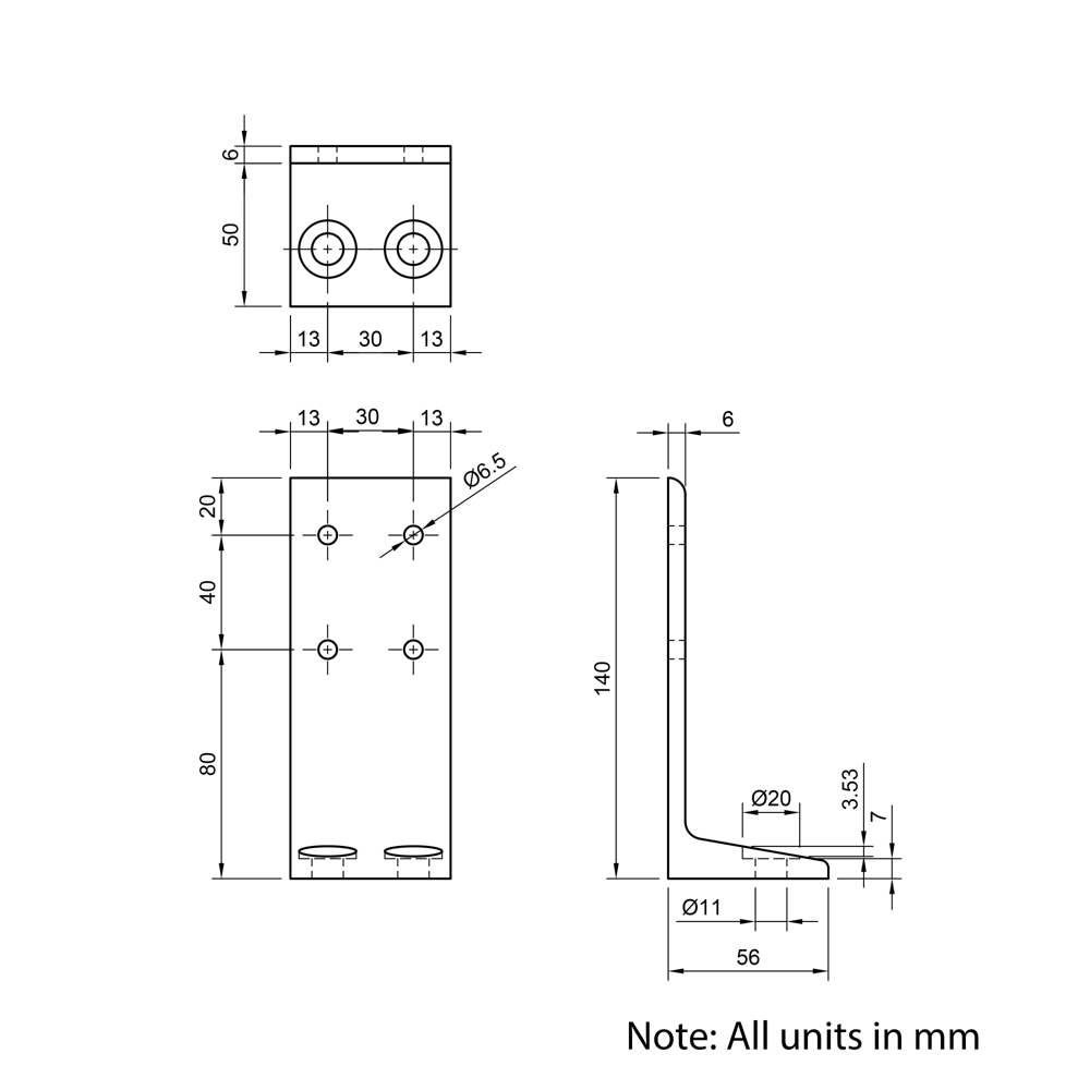 Technical Drawing Of Floor Bracket - 30 Series - Double Slot