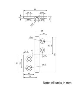 Technical Drawing Of Lift Off Hinge - 30 to 45 Series - Left-hand