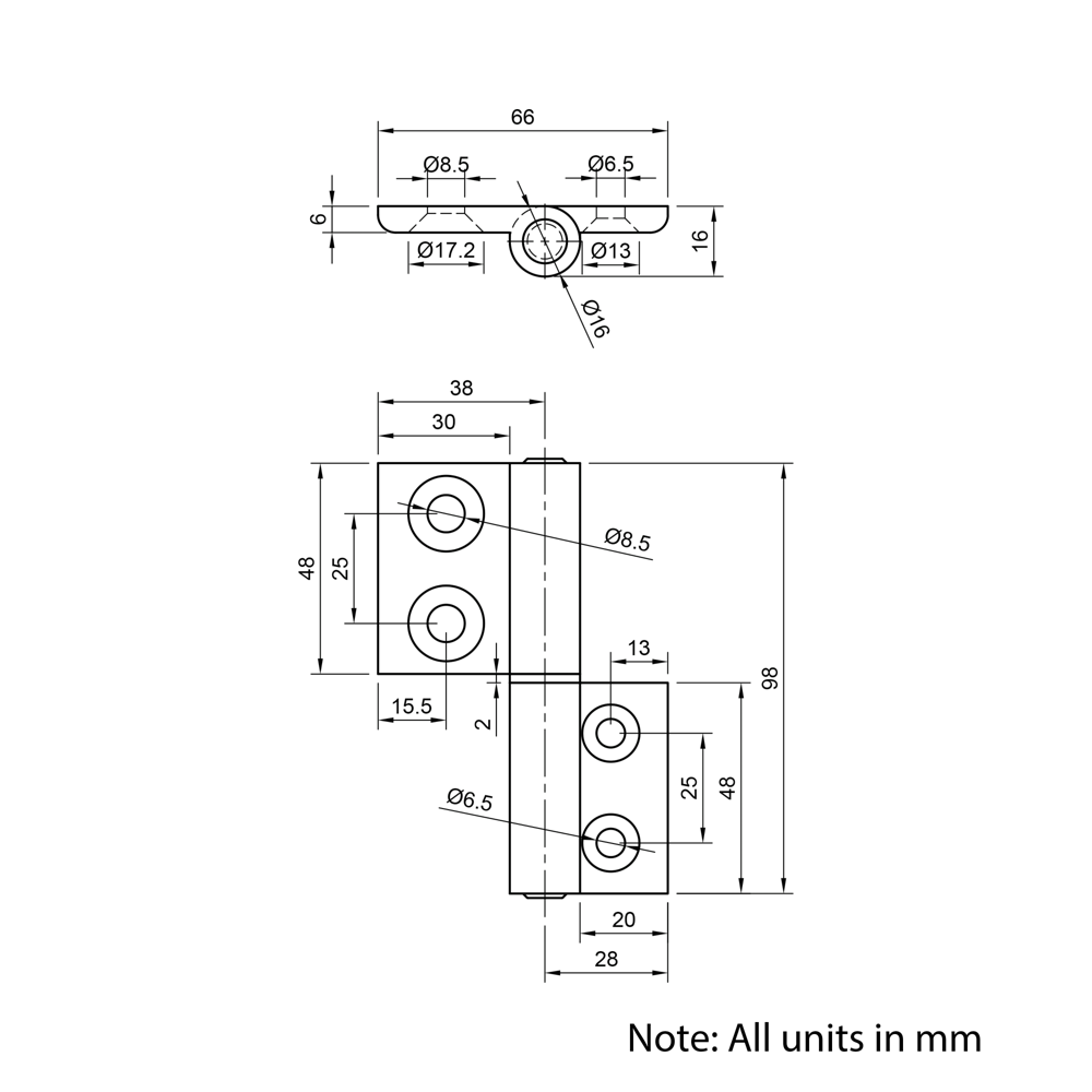 Technical Drawing Of Lift Off Hinge - 30 to 45 Series - Right-hand