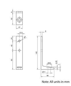 Technical Drawing Of Floor Bracket - 30 Series - Single Slot