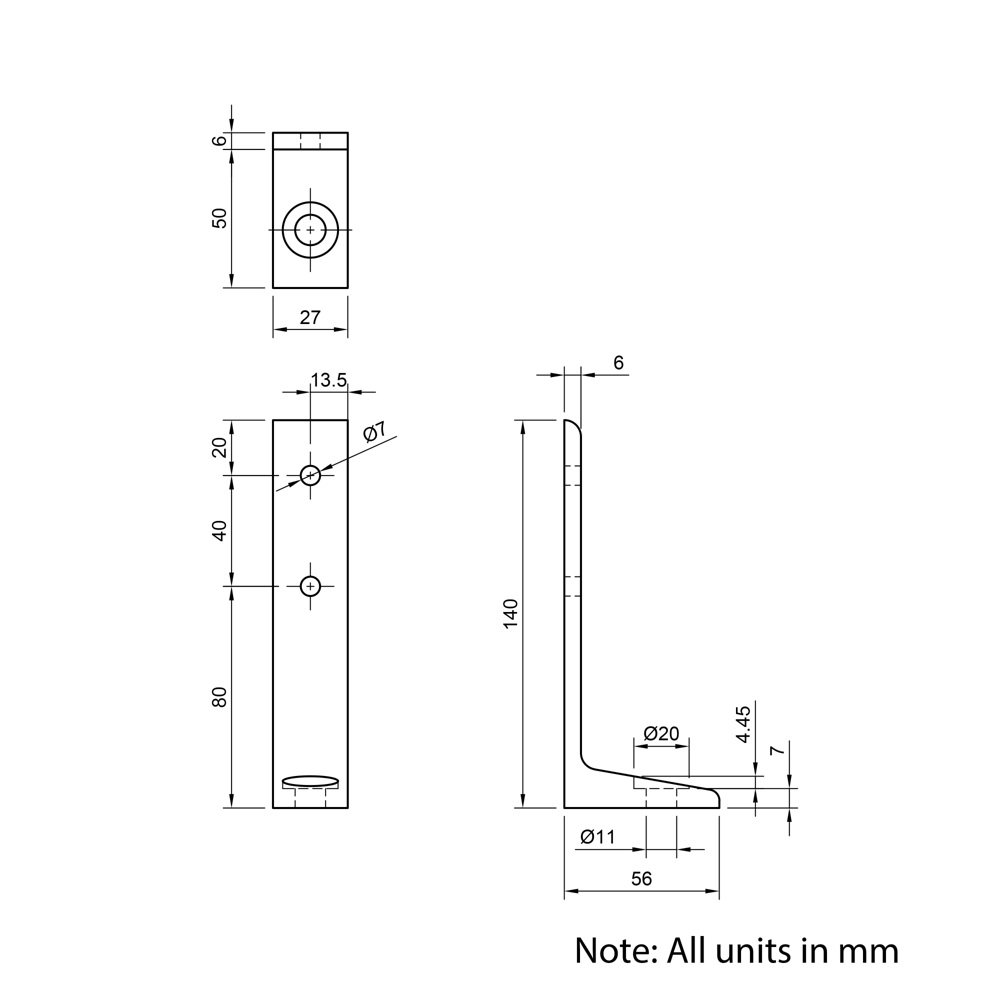 Technical Drawing Of Floor Bracket - 30 Series - Single Slot