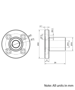 Technical Drawing Of Linear Round Flanged Bearing - 10mm