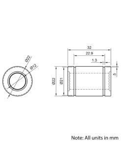 Technical Drawing Of Linear Bearing - 12mm