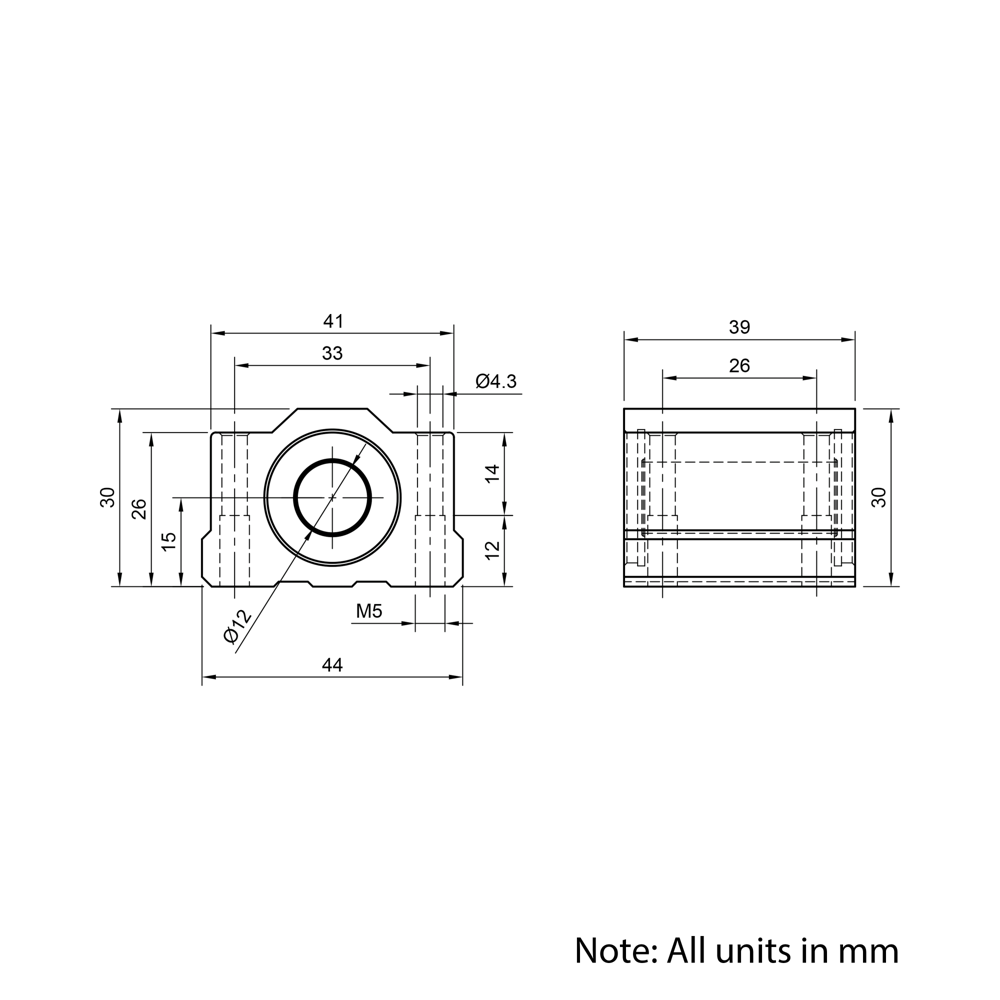 Technical Drawing Of Linear Housed Bearing - 12mm