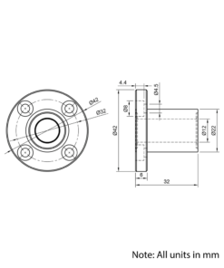 Technical Drawing Of Linear Round Flanged Bearing - 12mm