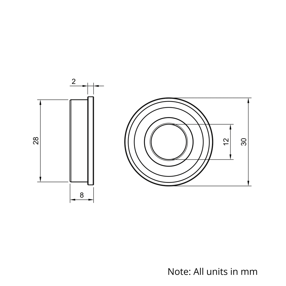 Technical Drawing Of Radial Flanged Bearing - Double Sealed - 12mm - Standard