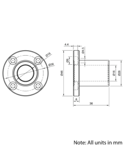 Technical Drawing Of Linear Round Flanged Bearing - 16mm