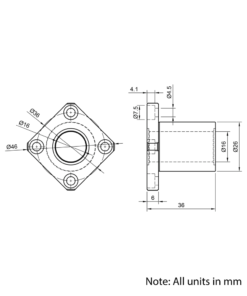 Technical Drawing Of Linear Square Flanged Bearing - 16mm