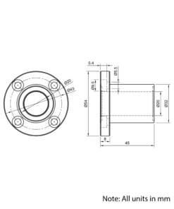 Technical Drawing Of Linear Round Flanged Bearing - 20mm