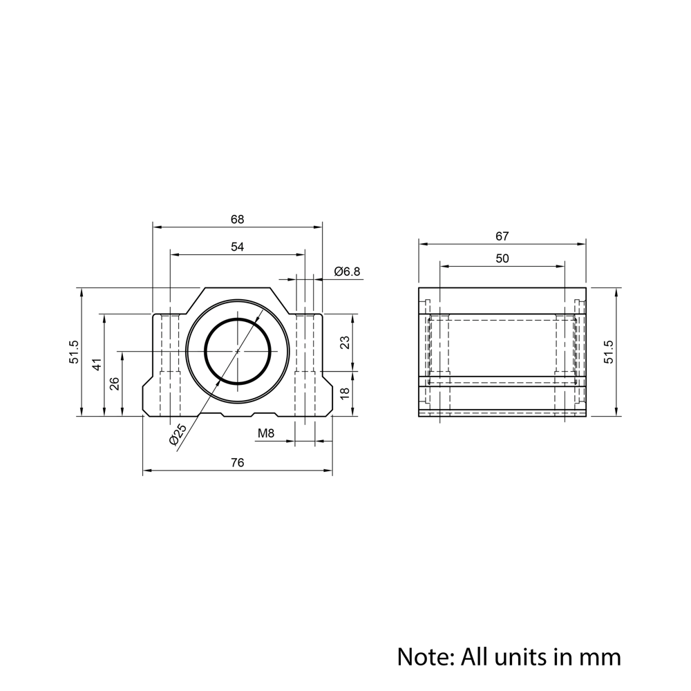 Technical Drawing Of Linear Housed Bearing - 25mm