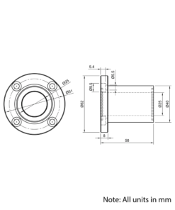 Technical Drawing Of Linear Round Flanged Bearing - 25mm