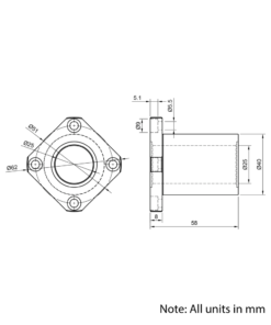 Technical Drawing Of Linear Square Flanged Bearing - 25mm