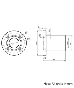 Technical Drawing Of Linear Round Flanged Bearing - 30mm