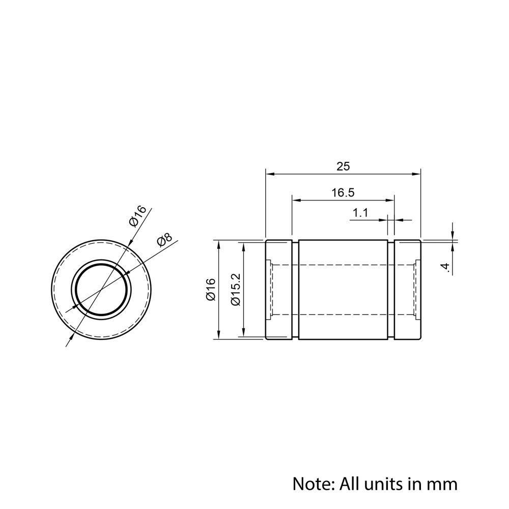 Technical Drawing Of Linear Bearing - 8mm