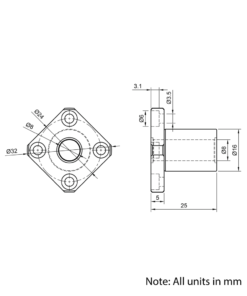 Technical Drawing Of Linear Square Flanged Bearing - 8mm