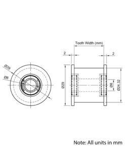 Technical Drawing Of Timing Belt Smooth Idler - HTD - 5M - 16 Teeth - 15mm Belt - 8mm Bore