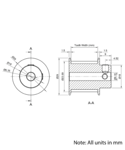Technical Drawing Of Timing Belt Pulley - HTD - 5M - 16 Teeth - 20mm Belt - 1/4 Bore