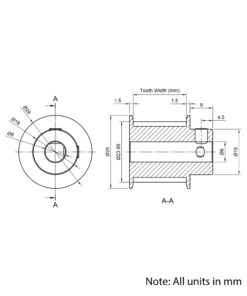 Technical Drawing Of Timing Belt Pulley - HTD - 5M - 16 Teeth - 25mm Belt - 8mm Bore