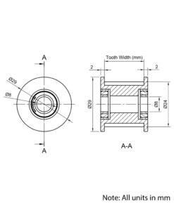 Technical Drawing Of Timing Belt Toothed Idler - HTD - 5M - 16 Teeth - 25mm Belt - 8mm Bore