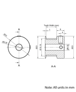 Technical Drawing Of Timing Belt Pulley - GT - 3MR - 20 Teeth - 10mm Belt - 1/4 Bore