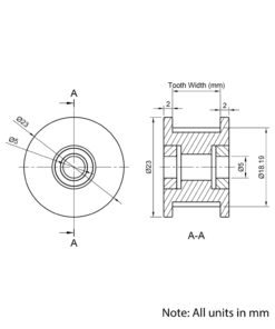Technical Drawing Of Timing Belt Toothed Idler - GT - 3MR - 20 Teeth - 10mm Belt - 5mm Bore