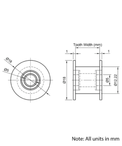 Technical Drawing Of Timing Belt Smooth Idler - GT - 2MR - 20 Teeth - 15mm Belt - 5mm Bore