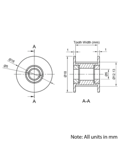 Technical Drawing Of Timing Belt Toothed Idler - GT - 2MR - 20 Teeth - 15mm Belt - 5mm Bore