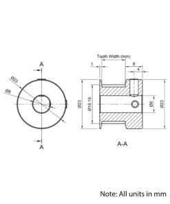 Technical Drawing Of Timing Belt Pulley - GT - 3MR - 20 Teeth - 15mm Belt - 8mm Bore