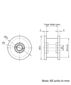 Technical Drawing Of Timing Belt Smooth Idler - GT - 3MR - 20 Teeth - 15mm Belt - 5mm Bore
