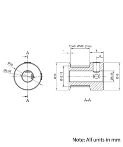 Technical Drawing Of Timing Belt Pulley - GT - 2MR - 20 Teeth - 6mm Belt - 1/4 Bore