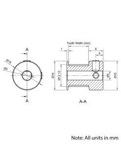 Technical Drawing Of Timing Belt Pulley - GT - 2MR - 20 Teeth - 6mm Belt - 5mm Bore