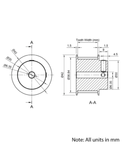 Technical Drawing Of Timing Belt Pulley - HTD - 5M - 24 Teeth - 20mm Belt - 1/4 Bore