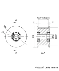 Technical Drawing Of Timing Belt Toothed Idler - HTD - 5M - 24 Teeth - 20mm Belt - 8mm Bore