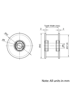 Technical Drawing Of Timing Belt Smooth Idler - HTD - 5M - 24 Teeth - 25mm Belt - 8mm Bore
