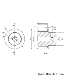 Technical Drawing Of Timing Belt Pulley - GT - 2MR - 30 Teeth - 10mm Belt - 5mm Bore