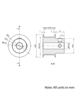Technical Drawing Of Timing Belt Pulley - GT - 2MR - 30 Teeth - 15mm Belt - 1/4 Bore