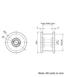 Technical Drawing Of Timing Belt Smooth Idler - GT - 2MR - 30 Teeth - 15mm Belt - 5mm Bore