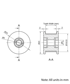 Technical Drawing Of Timing Belt Toothed Idler - GT - 2MR - 30 Teeth - 15mm Belt - 5mm Bore