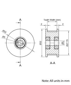 Technical Drawing Of Timing Belt Toothed Idler - GT - 3MR - 30 Teeth - 15mm Belt - 5mm Bore