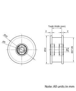 Technical Drawing Of Timing Belt Smooth Idler - GT - 3MR - 30 Teeth - 6mm Belt - 5mm Bore