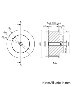 Technical Drawing Of Timing Belt Pulley - HTD - 5M - 36 Teeth - 15mm Belt - 1/4 Bore