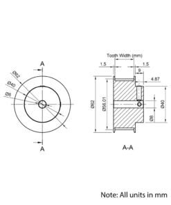 Technical Drawing Of Timing Belt Pulley - HTD - 5M - 36 Teeth - 20mm Belt - 8mm Bore