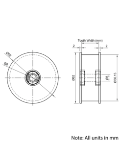 Technical Drawing Of Timing Belt Smooth Idler - HTD - 5M - 36 Teeth - 20mm Belt - 8mm Bore