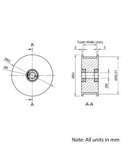 Technical Drawing Of Timing Belt Toothed Idler - HTD - 5M - 36 Teeth - 20mm Belt - 8mm Bore