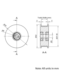 Technical Drawing Of Timing Belt Toothed Idler - GT - 3MR - 40 Teeth - 10mm Belt - 5mm Bore