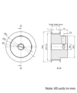 Technical Drawing Of Timing Belt Pulley - GT - 3MR - 40 Teeth - 15mm Belt - 8mm Bore